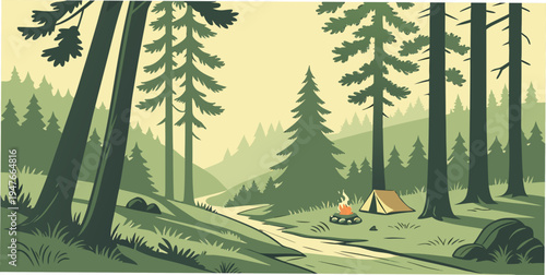 A campsite in a forest with tall trees Vector