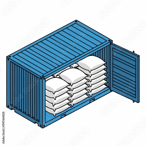 Isometric illustration of a blue shipping container filled with white sacks.