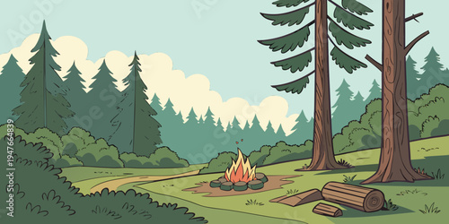 A campfire burns in a forest clearing Vector