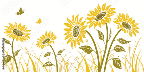 A group of sunflowers with bees flying around Vector