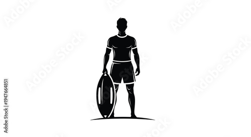 A muscular man with a surfboard presented as a striking silhouette