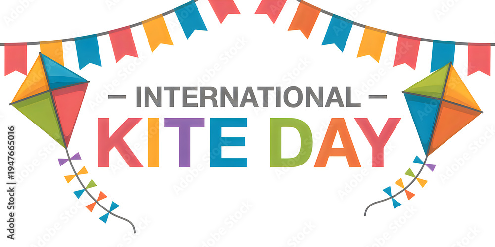 Fototapeta premium Colorful kites and festive bunting celebrate the International Kite Day holiday announcement