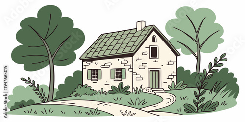 A small stone house with a green roof and trees Vector