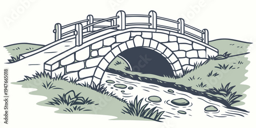A small stone bridge with a wooden railing over a stream Vector