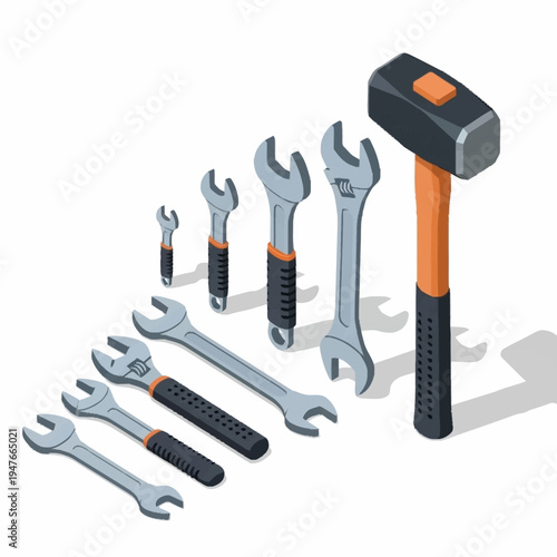 Isometric view of a set of wrenches and a hammer arranged in a row on a white background.