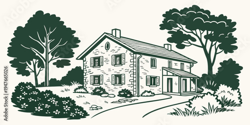 A large house with trees and bushes Vector