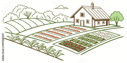 A house next to a garden with rows of plants Vector