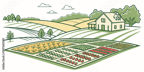 A farm with a house and a garden Vector