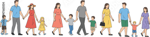 Happy family walking together parents and children vector illustration diverse people lifestyle parenting relationship outdoor activity concept