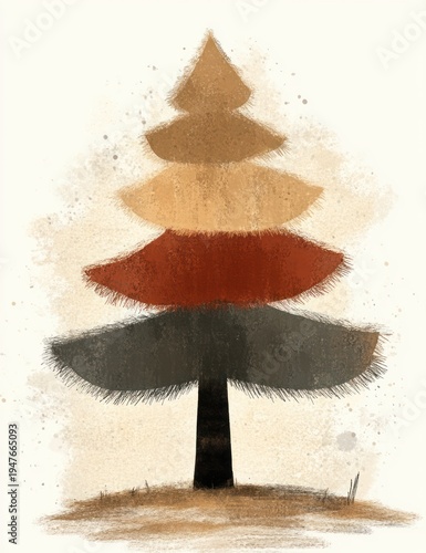 Abstract illustration of a stylized tree with layered, textured semi-circular branches in shades of beige, brown, red, and dark gray on a light textured background