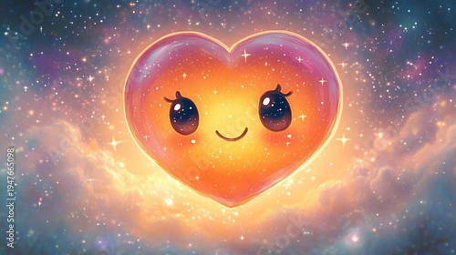 glowing smiling heart with sparkling eyes floating in a colorful starry galaxy background emitting warm light and joyful emotion