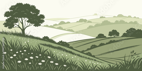 A serene green landscape with a tree on a hill Vector