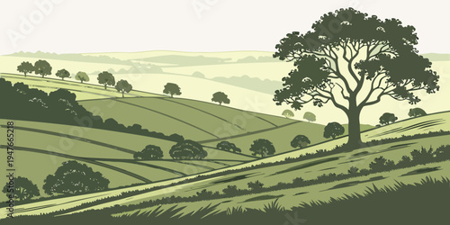 A tree on a green hillside with rolling hills in the background Vector