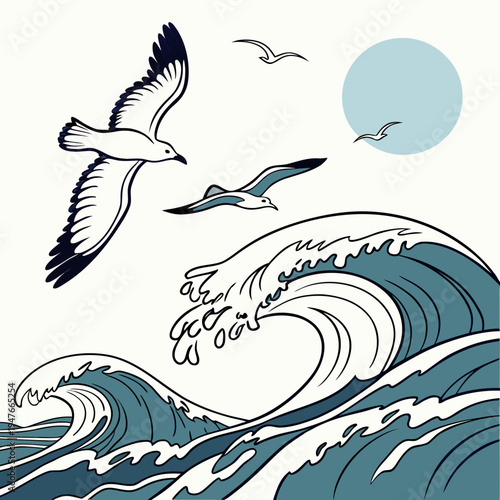 Seagulls flying over a large ocean wave Vector