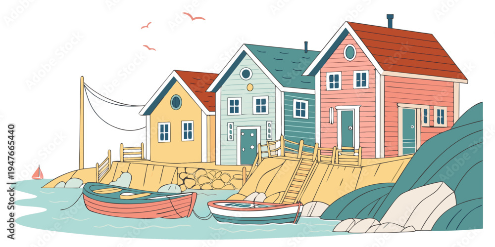 Fototapeta premium A colorful illustration of houses by the sea Vector