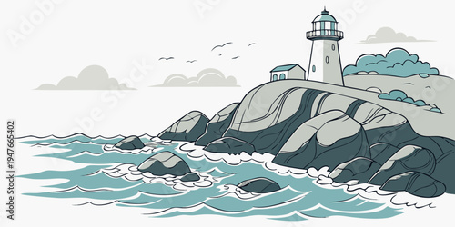 A lighthouse on a rocky cliff by the sea Vector