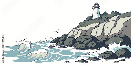 A small lighthouse on a rocky cliff by the sea Vector
