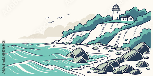 A lighthouse on a rocky cliffside by the sea Vector