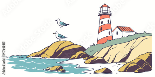 A lighthouse on a rocky cliff with a seagull flying overhead Vector