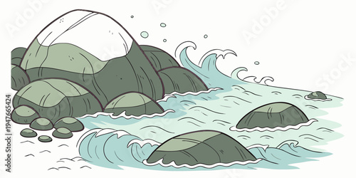 A cartoonish illustration of a wave crashing on rocks Vector