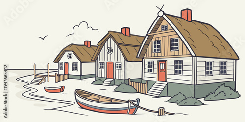 A small village with houses and boats on the water Vector