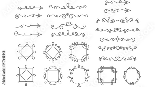 Vector illustration set of vintage calligraphic design elements with ornate floral scrolls and decorative borders.