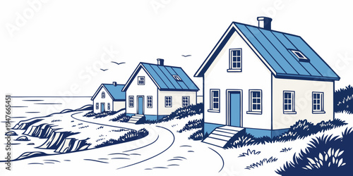 A blue and white drawing of two houses on a hill Vector