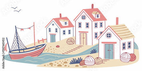 A small village by the sea with houses and a boat Vector