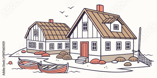 A white house with a brown roof and a boat in front Vector