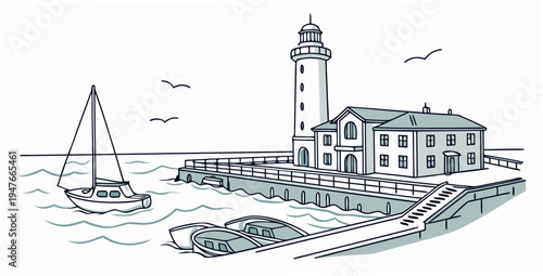 A lighthouse on a small island with a boat and a building Vector