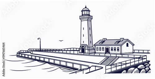 A lighthouse on a pier with a building Vector