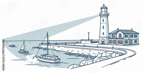 A lighthouse on a rocky coastline with a boat in the water Vector