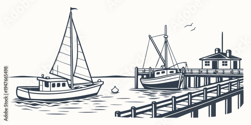 A boat is docked at a pier with another boat and a building Vector