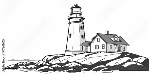A black and white drawing of a lighthouse on a rocky shore Vector