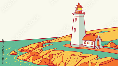 A small lighthouse on a rocky cliff by the sea Vector