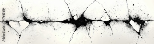 Horizontal black fissure and spidery splatter cracks across a white surface, high-contrast distressed texture evoking rupture, decay and tense dramatic impact