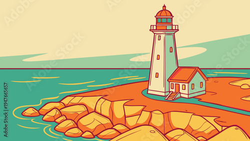 A lighthouse on a rocky coastline by the sea Vector