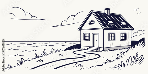 A small house on a grassy hill with a winding path Vector