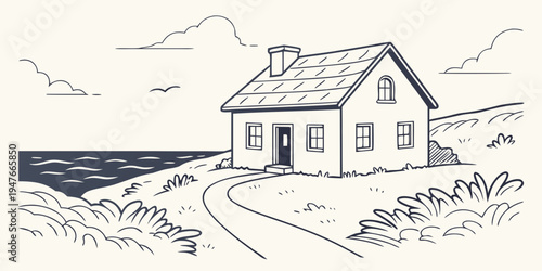 A small house on a hill by the sea Vector