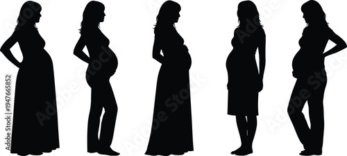 Pregnant woman silhouette collection showing different poses maternity motherhood pregnancy vector illustration female body profile set design