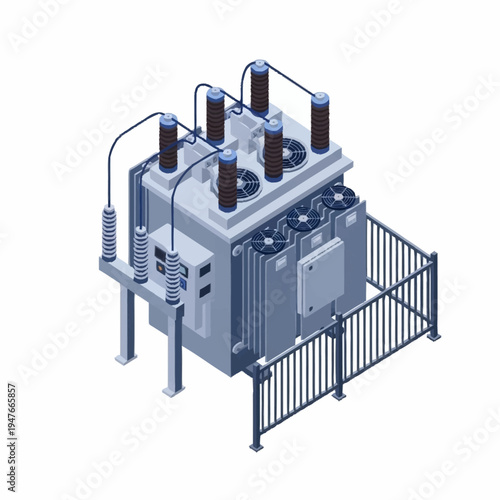 Isometric illustration of a large industrial transformer with cooling fans and a protective fence.