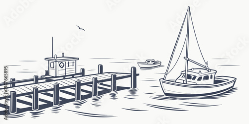 A sailboat floats on the water next to a dock Vector
