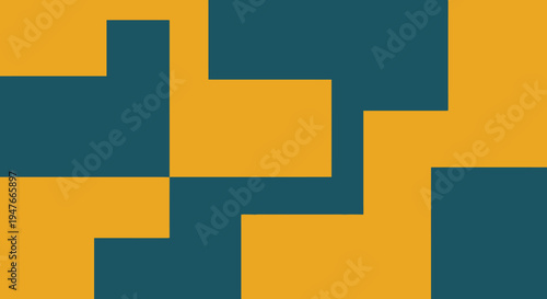 Abstract geometric shapes in gold and teal create a bold silhouette