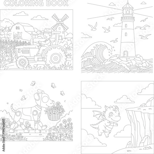 Children's line art coloring set: farm scene, lighthouse, robot dog & cliff dragon adventure, coloring book, outline drawing