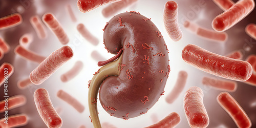 Microscopic view of human kidney infected with rodshaped bacteria pathogens causing illness