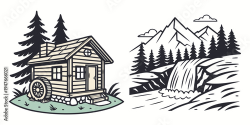 A log cabin and a waterfall in a mountainous landscape Vector