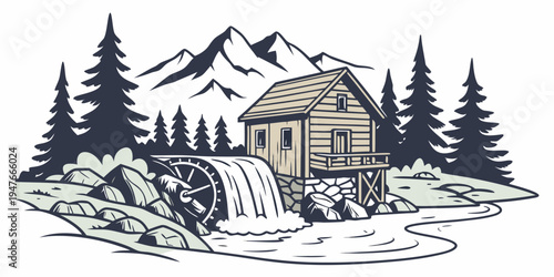 A house on a waterfall in a forest Vector