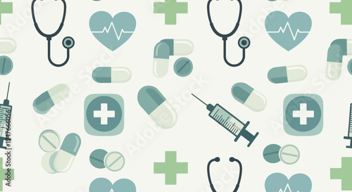 Healthcare Medical Icons Seamless Pattern with Pills Syringe Stethoscope and Heart