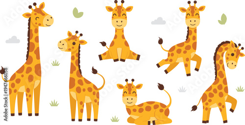 Cute Giraffe Vector Illustration Set Featuring Adorable African Safari Animals in Standing, Sitting, and Jumping Poses for Wildlife Nature Graphics and Kids Designs.