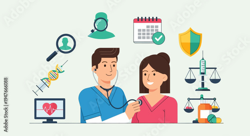 Doctor Examining Patient with Stethoscope Surrounded by Healthcare and Medical Icons